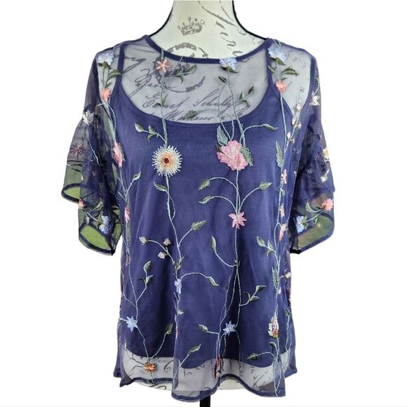 Lucky Brand -258 Grey Embroidered Sheer Floral 3/4 Sleeve Evening Blouse Size S - Picture 3 of 11